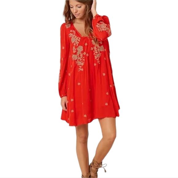 Free People Sweet Tennessee Red and Tan Embroidered Long Sleeve Swing Dress Sm - Picture 1 of 13